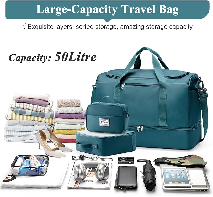 Extra Large Travel Duffle Bag, Carry-On Weekender Bags for Women Travel | Overnight Weekend Bag with Shoes Compartment for Travel Business Trips Sport Hospital,3 Pcs Set,Peacock Blue - Image 3