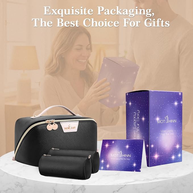 Travel Makeup Bag for Women: 3-in-1 Large Capacity Cosmetics Organizer with 2 Detachable Pouch - Vegan Leather Flat Open Toiletry Bag - Portable Travel Essentials for Full-Sized Bottles-Black - Image 7