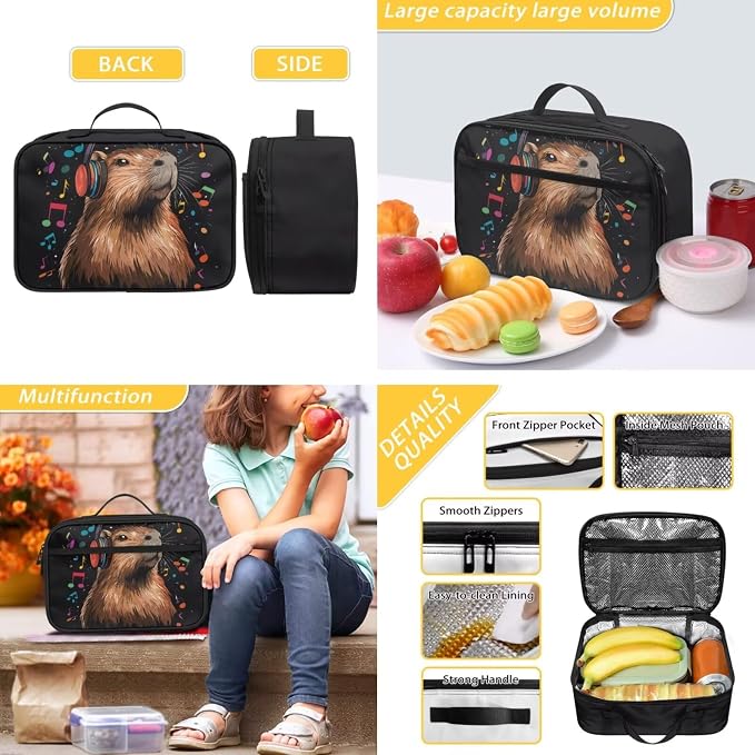 Music Capybara Backpack for School Girls with Lunchbox 17 Inch Cute Cartoon Animal Bookbag Kids Lunch Box Set and Pencil Case, 3-in-1 Back to School Bag Lunch Bag - Image 5
