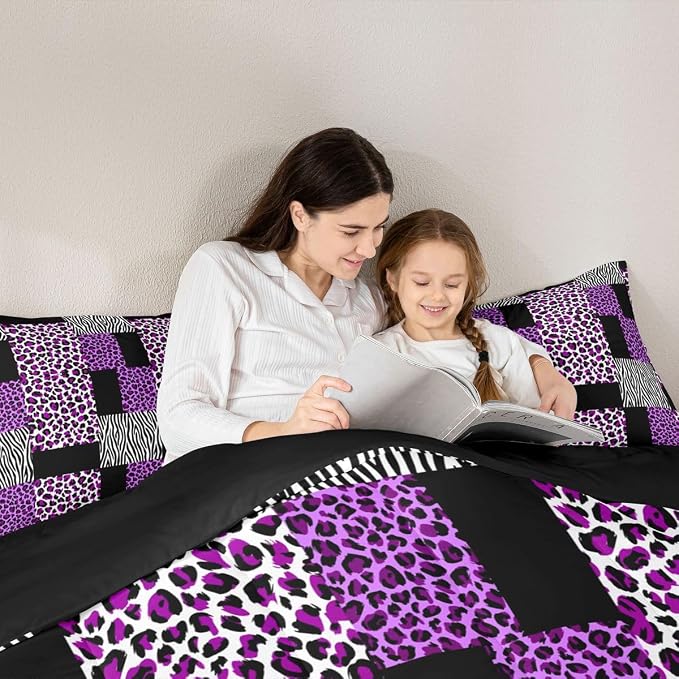 Erosebridal Purple Leopard Bedding Set Patchwork Cheetah Print Comforter Sets King Size for Girls Teens Adults Women Bedroom Black Zebra Pattern Duvet Sets Animal Skin Down Comforter 2 Piece - Image 5