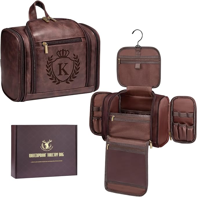 Personalized Retirement Gifts for Men Dad Uncle Teacher Doctor, Large Man Leather Travel Toiletry Bag Hanging Shaving Dopp Kit Organizer, Vintage Tan Brown Initial Letter K by Aganmi