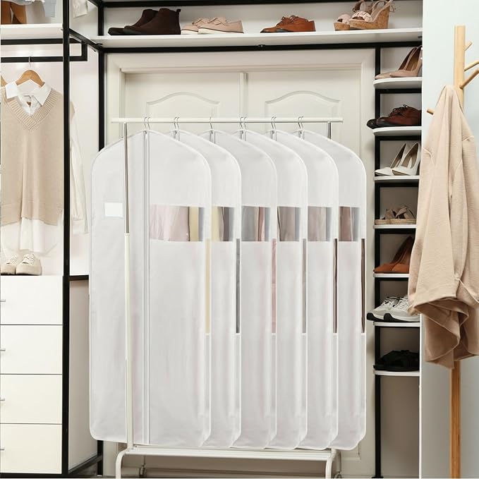 2 Pcs 58" 100% Organic Cotton Garment Bags for Hanging Clothes and Storage, Breathable Clothes Covers with Viewing Window and Card Pocket for Short Dresses, Jackets, Suits - Image 5