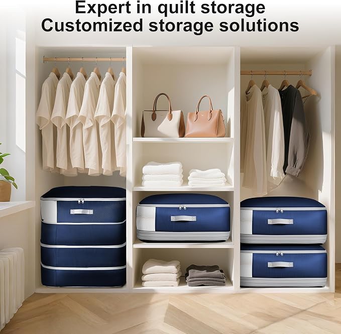Comforter Storage Bag - Large Capacity Blanket Storage Bags 4-Layer Ultra Space Saving Self Compression Organizer, Washable Compression Bags for Storage Comforter Blanket, 2-Pack, Navy Blue - Image 6