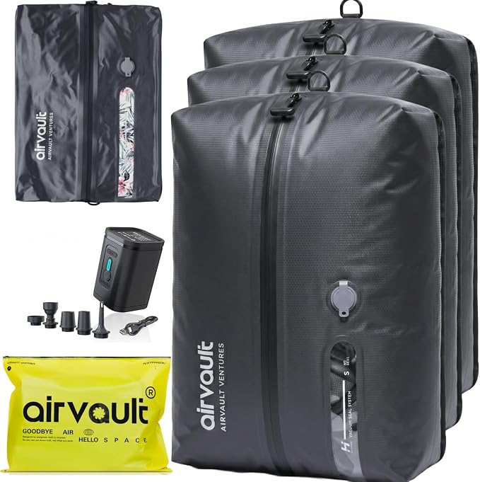 AirVault Reusable Vacuum Compression Travel Bag for Carry-On Suitcase and Backpack, Recycled IPX8 Waterproof Space Saver Vacpack (18L Gray (3-Pack) (Air Pump Included) by AirVault
