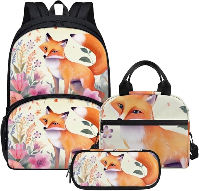 Cartoon Illustration Style Floral Fox Backpack with Lunch Box and Pencil Case Girls Comfy Padded Cute School Backpack Set of 3 Bookbag for Student Lightweight Large Capacity Daypack by Parprinty
