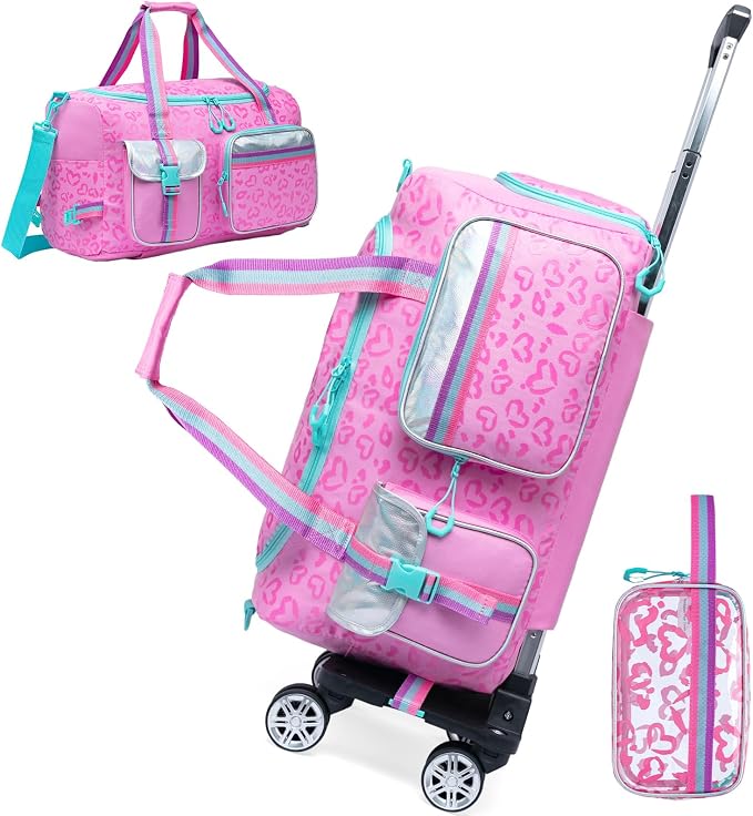 Girls Duffel Bag With Wheels - Travel Overnight Bag for Kids With Toiletry Bag, Rolling Dance Duffle With Shoe Compartment by ComewithOruiji