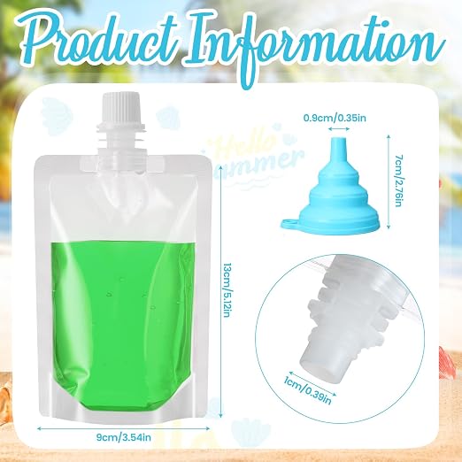 Patelai 150 Pieces Plastic Liquid Pouch Reusable Juice Pouches Travel Water Leak Proof Bags Bulk with Collapsible Silicone Funnel for Travel Outdoor (3 oz) - Image 4