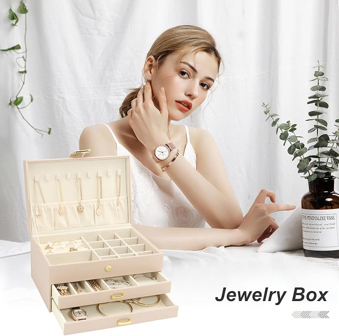 Jewelry Box, 3-Tier with 2 Drawers, Beige, Modern, Women's Jewelry Organizer - Image 3