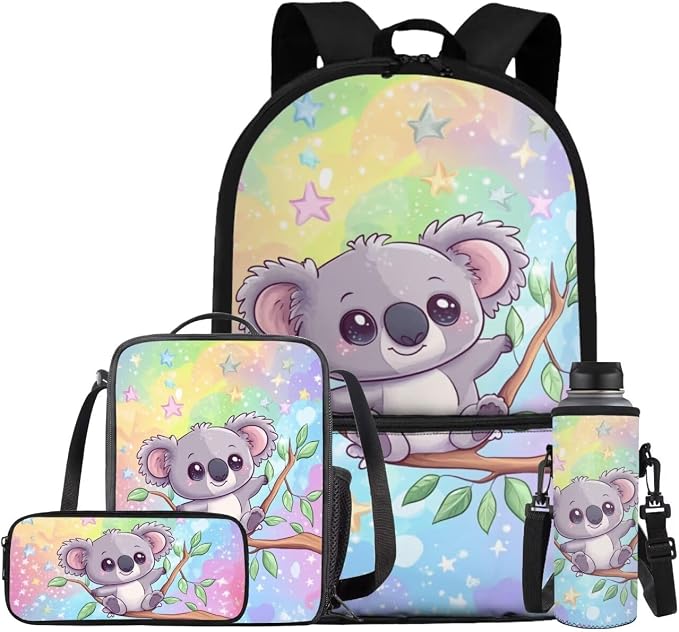 Cute Koala Backpack for Girls Kids Backpack with Lunch Box Water Bottle Carrier with Strap and Big Pencil Case 4PCS Set Bookbag with Front Pocket for School 17" Sturdy Elementary School Bag by ELEDIZI