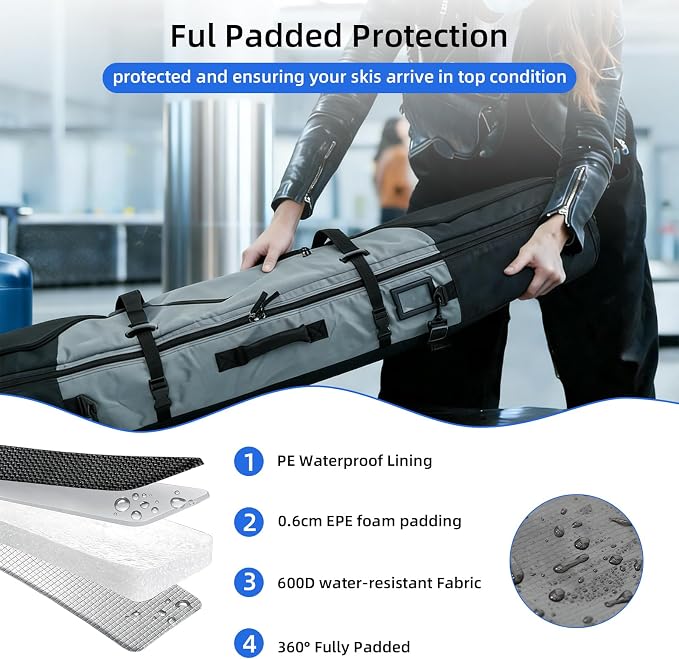 360° Padded Ski and Snowboard Travel Bag, Water-resistant Durable Storage Case for Air Travel and Road Trips - Image 2
