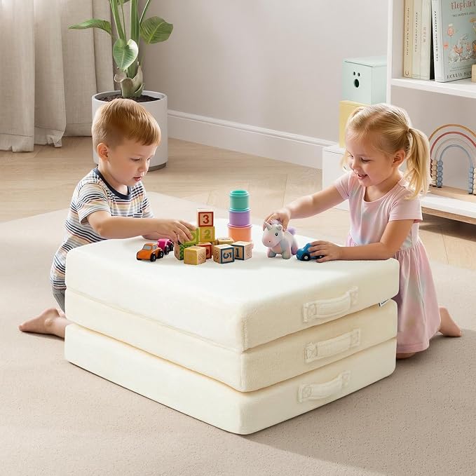 MeMoreCool Foldable Floor Mattress for Kids Trifold, 57x22 Inch Beige | Trifold futon floor mattress for playroom, reading nook and travel, washable - Image 5