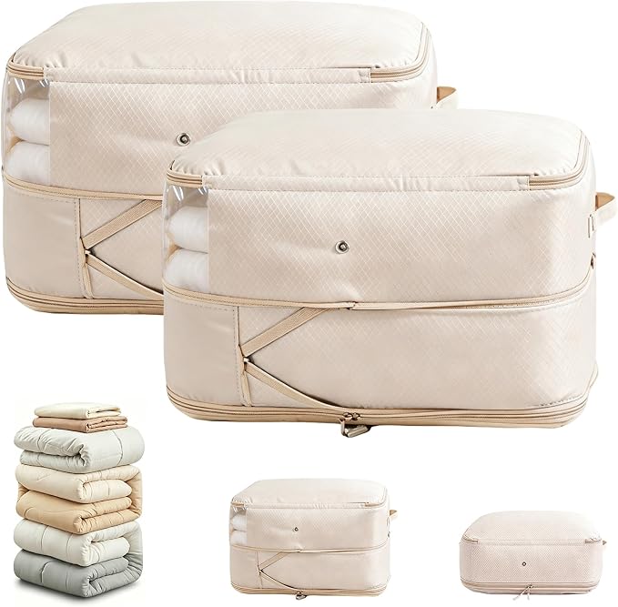Comforter Storage Bag, Large Capacity Blanket Storage Bags 2-Layer Ultra Space Saving Self Compression Organizer, Heavy Duty Space Saver Organizer for Bedding, Clothes, Blanket, 2-Pack, Beige by Unknown