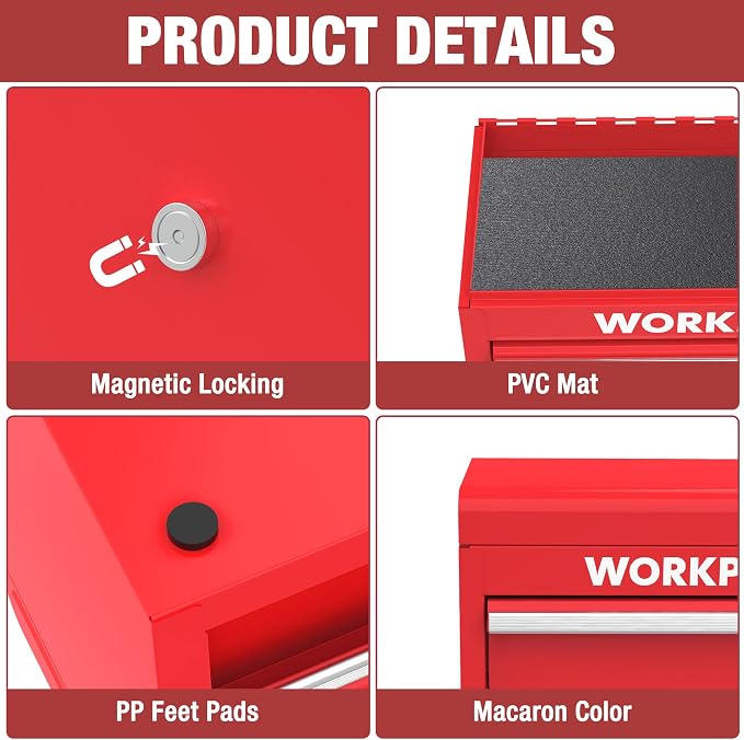 WORKPRO Mini Metal Tool Box with 2 Drawers and Top Storage | Cold Rolled Steel, Small Tool Chest, PVC Liners, PP Feet Pads, Drawer Liners & Magnetic Tabs - Image 4