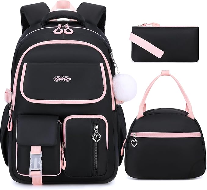 DIGOBAY Backpacks for Girls, 3PCS School Backpack with Lunch Box Pencil Pouch for Teen Girls Kids Elementary Primary Middle High College School Bookbag Set （Black-Pink） by DIGOBAY