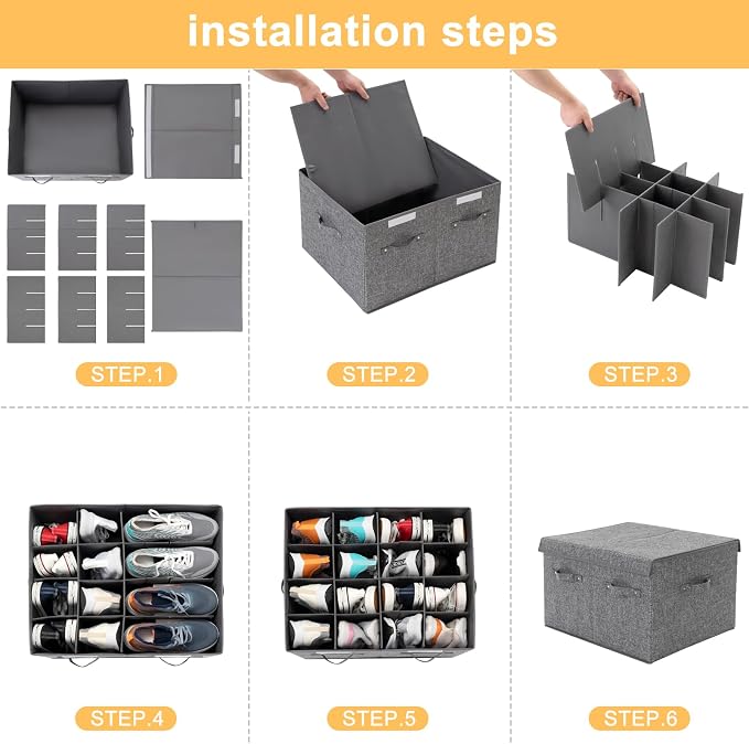 Shoe Organizer for Closet Fits 16 Pairs, Large Shoe Storage Box Bins Containers with Lid and Adjustable Dividers for Shoes, Sneakers and High Heeled, Hard Shell and Stackable (Grey) - Image 7