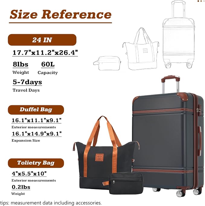 Merax Luggage Set,24 IN Hardside Suitcase with Duffel Bags,3 Piece Expandable Luggage with Spinner Wheels, Vintage Luggage with TSA Lock Lightweight,(Black) - Image 2