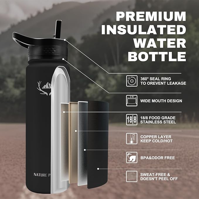 NATURE PIONEOR 24 oz Insulated Water Bottle with Carrier Bag & 3 Lids | 18/8 Food-grade Stainless Steel, Double Vacuum Insulation, 3 Leak-proof Lids, Strap, Camping, Hiking, Gym, Work - Image 2