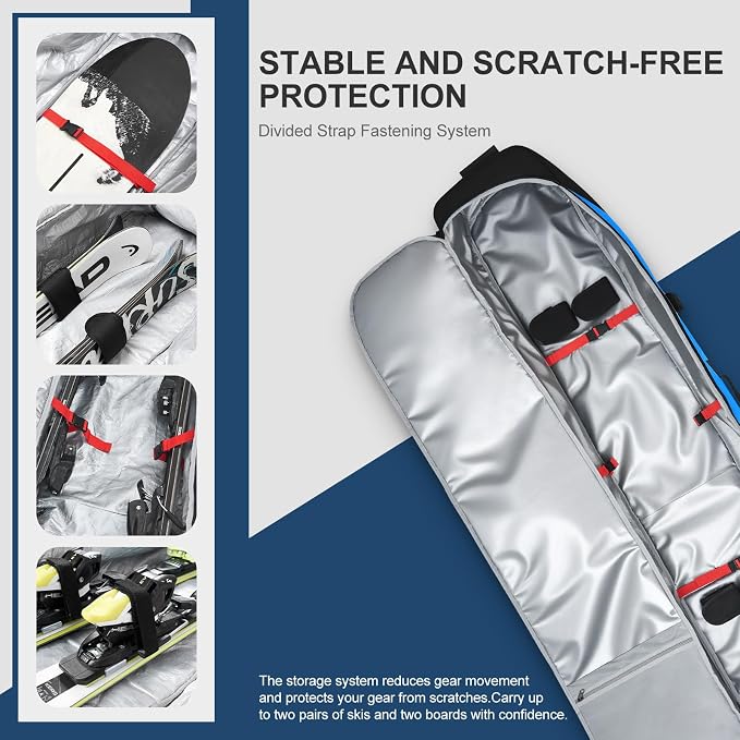 Odoland Rolling Ski Bag, Padded Snowboard Bags with Wheels for Air Travel, 900D Water Resistant Oxford Fabric and Extra 2 Dry Bag, Fits Skis Up to 170/190cm - Image 4