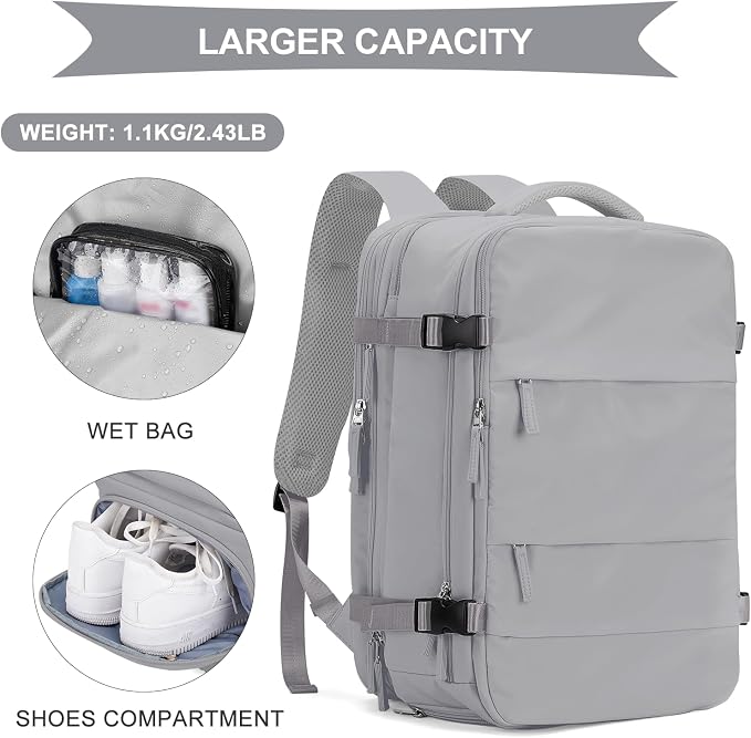 coowoz Large Travel Backpack For Women Men, Carry On Backpack,Hiking Backpack Waterproof Outdoor Sports Rucksack Casual Daypack Expandable Heavy Duty Extra large Backpack Grey Expansion - Image 6