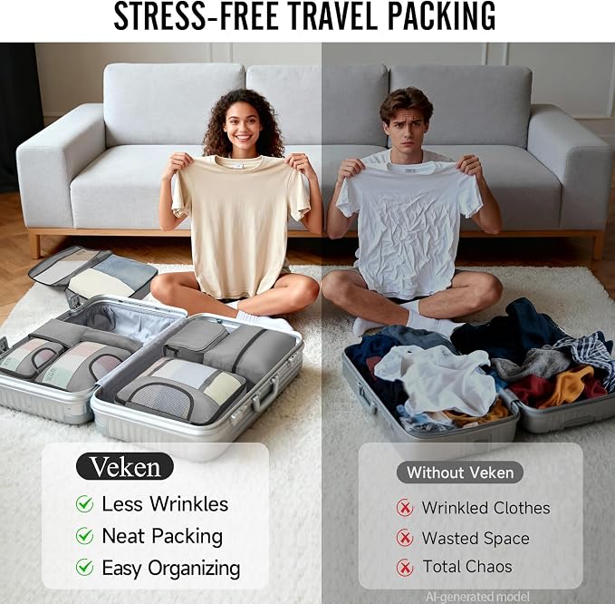 Veken 10 Set Packing Cubes for Travel Essentials,Anti-Wrinkle Buckled Suitcase Organizer for Shoe & Toiletry Bag,Carry On Luggage Bag with 99+ Count Mesh Holes for Airplane & College Dorm Accessories - Image 7