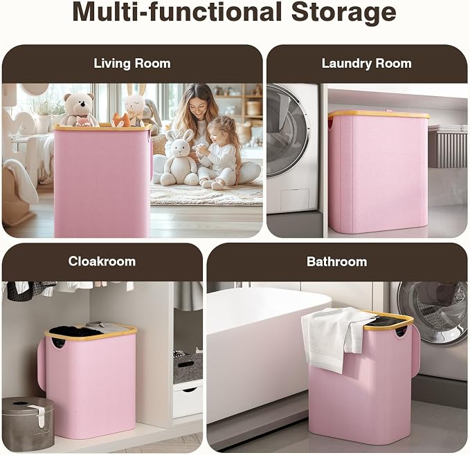 Hampers for Laundry Basket with Lid, 145L Large Laundry Hamper 3 Section | Dirty Clothes Hamper Separator with 3 Removable Bags & 5 Labels, Divided Laundry Organizer for Bedroom, Laundry Room, Pink - Image 6