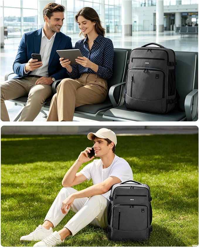ECOHUB 19" Large Travel Backpack, Carry on Luggage Airline Approved, Water Resistant Rucksacks Fit 15.6" Laptop, AirTag Pocket, Lightweight Casual Daypack, 34L, Dark Grey - Image 8