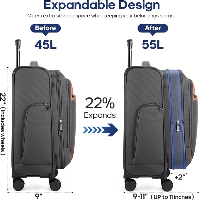 UKEIN Expandable Carry On Luggage 22x14x9 Airline Approved, 20Inch Softside Carry On Suitcase with Wheels & TSA Lock, Travel Suitcase with 4-Piece Packing Bags for Women Men (Grey, Carry on （20in）) - Image 2