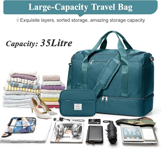 Travel Duffel Bag,Carry-On Overnight Weekender Bags with Shoes Compartment | Travel Bag with Wet Pocket & Toiletry Bag,For Spirit Airlines 18x14x8 Personal Item Bag,Small,Peacock Blue - Image 3