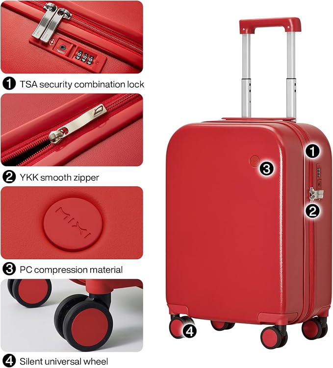 mixi Carry on Luggage, 20'' Suitcase Spinner Wheels Luggage Hardshell Lightweight Rolling Suitcases PC with Cover & TSA Lock for Business Travel, Red - Image 4