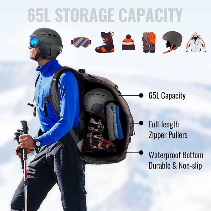 Ski Boot Bag Backpack - 65L Waterproof Skiing Snowboarding Travel Luggage Backpack - Stores Boots Skis Snowboard Helmet Goggles Jackets Gloves & Other Accessories for Men & Women - Image 6