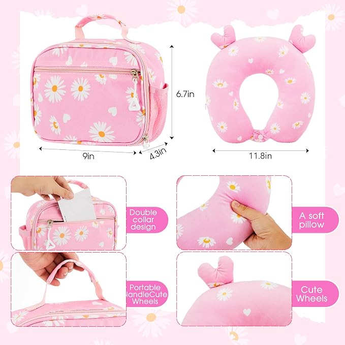 Redbaker 6 Pcs Kids Luggage Set, 17 Inch Rolling Suitcase with Backpack Lunch Bag Neck Pillow, Pink Daisy Travel Set for Summer Vacation Sleepover Back to School Gift - Image 4