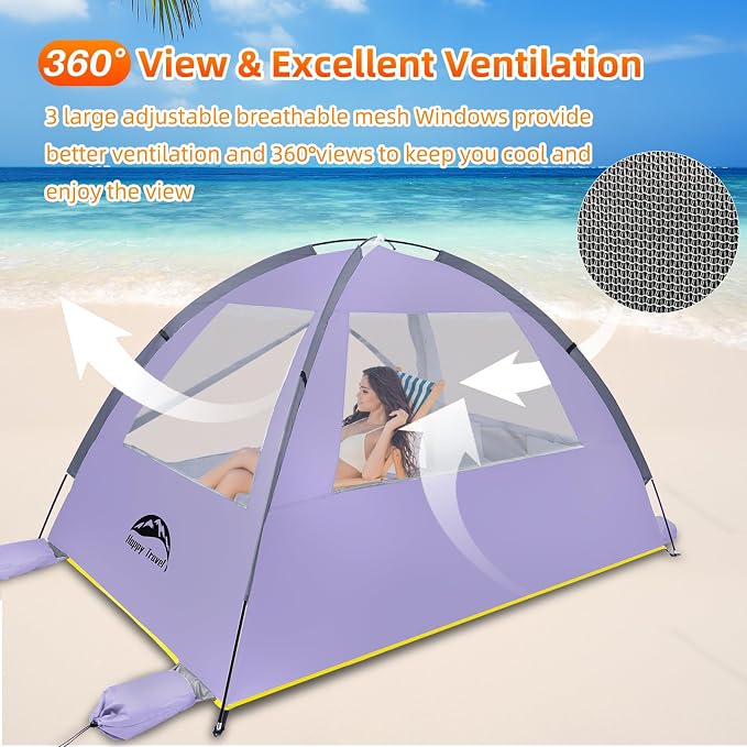 Happy Travel Beach Tent, UPF 50+ UV Protection Sun Shade Shelter for 3/4/5/6/7/8 Person, Portable Beach Canopy for Family & Baby, Lightweight & Easy Setup Beach Cabana with 3 Ventilation Mesh Windows - Image 5