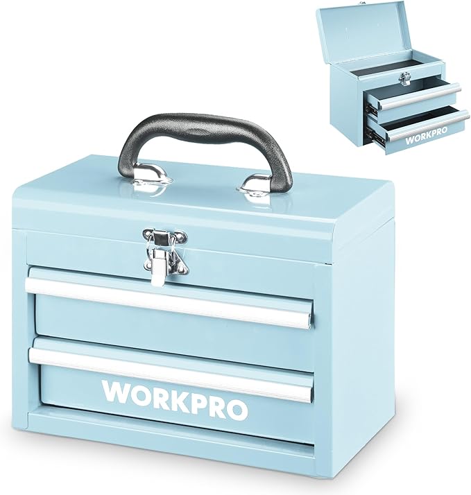 WORKPRO Portable Mini Metal Tool Box with 2 Drawers | Metal Tool Chest, Ball Bearing Slides, Top Storage, Latch Handle, PVC Drawer Liners, PP Feet Pads by WORKPRO