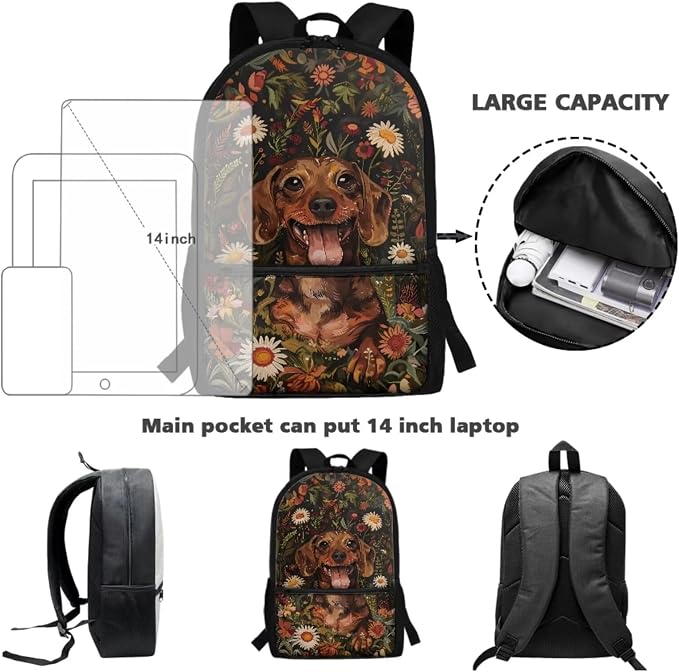 Dachshund Dog Retro Flower Print Backpack Set Boys Girls 17 Inch Travel Laptop Backpacks Large Capacity Schoolbag Lunch Box Pencil Case Lightweight Rucksack Casual Daypack - Image 3