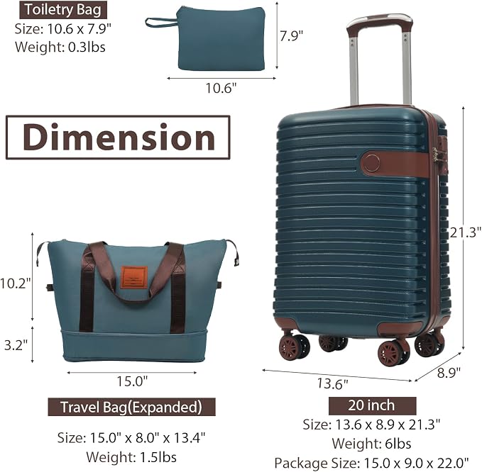 3 Piece Carry On Luggage Sets, 20 Inch Airline Approved Hard Shell Suitcase with TSA Lock & 360° Spinner Wheels, Travel Set with Duffel Bag for Women (Inky Blue) - Image 5