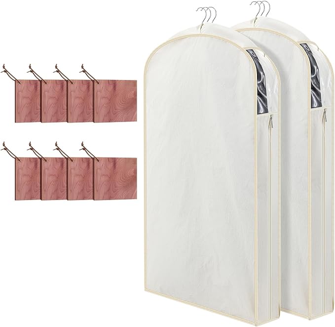 Briwooody 2 Sets 40 Inch Short Cotton Garment Bags, Breathable Hanging Storage with Cedar Blocks & Sandpaper for Fresh Scent and Moth Protection for Suits, Fur Coats, Jackets, Sweaters (Beige) - Image 7