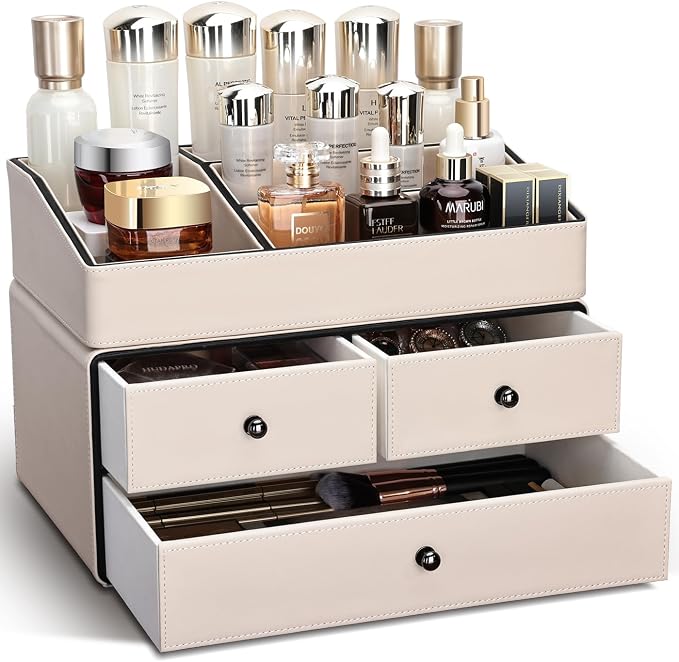KINGFOM Leather Makeup Organizer with 3 Drawers, 2 Tier Cosmetic Storage Organizer for vanity Dresser Countertop and Bathroom Vanity, Beauty Holder for Lipstick Brush Skincare (Beige) - Image 2