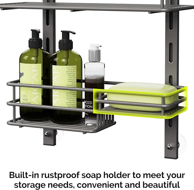 Orimade Over The Door Shower Caddy Adjustable 4 Tier Dark Grey,Bathroom Hanging Organizer Shelf Rustproof with 4 Hooks,Shower Basket with Soap Holder and Suction Cup - Image 4