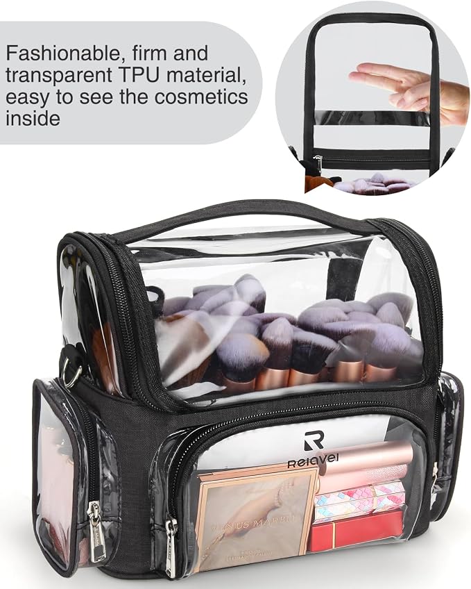TANTO Clear Makeup Brush Case,Stand-up Makeup Cup Large Cosmetic Organizer Holder Professional Makeup Artist Travel Case with Adjustable Divide&Strap (02-Black（X Large）) - Image 7