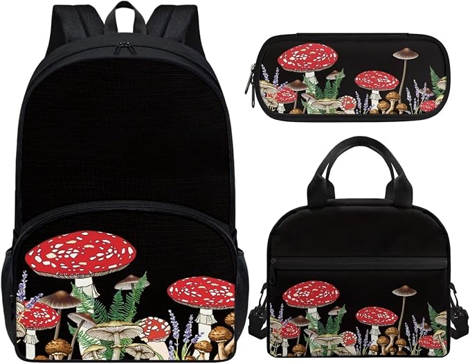 Black Mushroom Backpack Set for Girls Kids Lightweight Cute School Backpack with Lunch Box Pencil Case Adjustable Strap Padded Book Bag Insulated Lunch Bag - Image 2