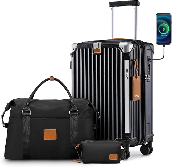 Joyway 20in Carry On Luggage with Cup Holder and USB Port, 25% Expandable Capacity, Smart Suitcase with Anti Slip Wheels and Handbag, Perfect for Men and Women 3 Piece Set Black by Joyway