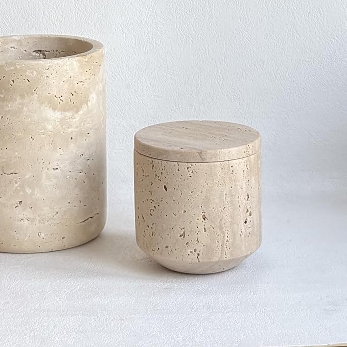 Natural Marble Hole Stone Cosmetic Cotton Swab Sundry Small Tank Storage Box Jar with Lid (Yellow Travertine) - Image 7