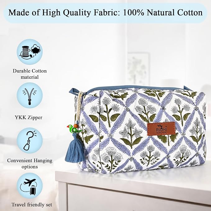 Ridhi Light Steel Blue Hand Block Printed Floral Toiletry Bag For Women 100% Cotton Quilted Set of 3 Waterproof Inner Lining, Cosmetic Jewelry Organizer, Travel Pouch, Essential Storage Purse Gifts - Image 7