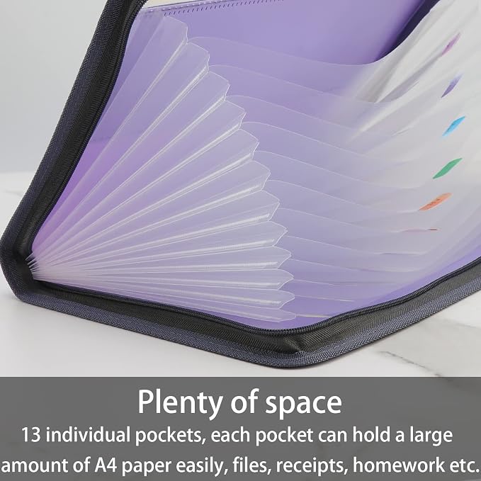 NAFY Accordion File Organizer, 13 Pockets Expanding File Folder with Zipper, A4 Letter Size Portable Accordion Expanding File Folders with 27pcs Colour Labels for Home Office School Supplies (Lilac) - Image 2