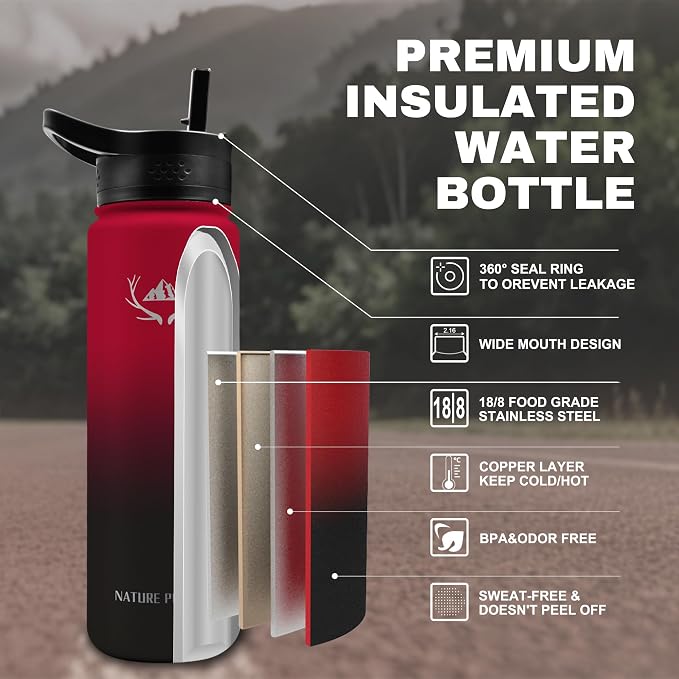 NATURE PIONEOR 24 oz Insulated Water Bottle with Carrier Bag & 3 Lids | 18/8 Food-grade Stainless Steel, Double Vacuum Insulation, 3 Leak-proof Lids, Strap, Camping, Hiking, Gym, Work - Image 2