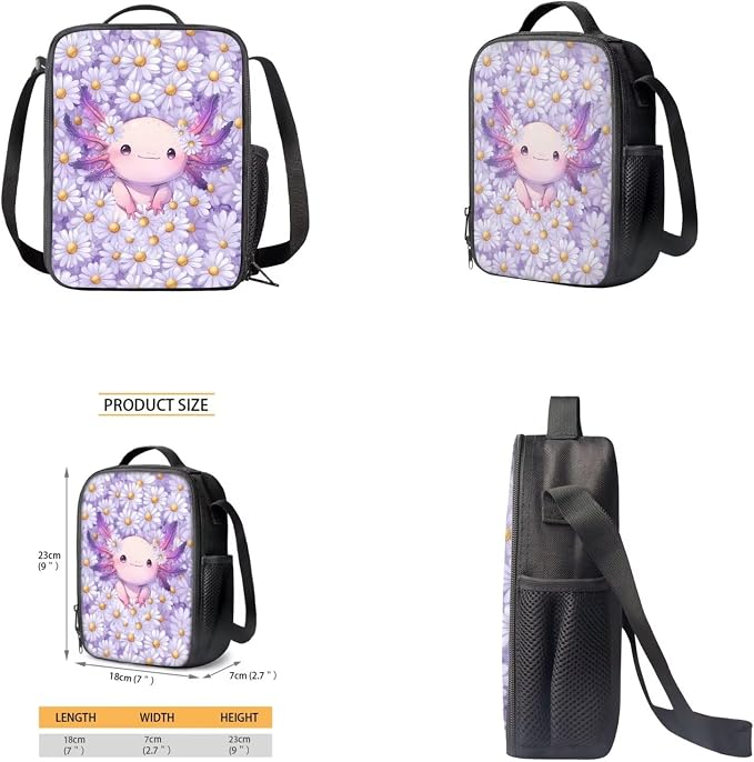 Daisy Axolotl Backpack for Girls Kids Backpack with Lunch Box Water Bottle Carrier with Strap and Big Pencil Case 4PCS Set Bookbag with Front Pocket for School 17" Sturdy Elementary School Bag - Image 4