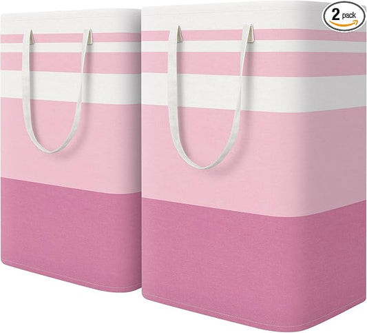 HomeHacks 2 Pack Large Laundry Baskets, Waterproof, Freestanding Laundry Hampers, Collapsible Clothes Hamper with Reinforced Handles in Laundry, College Dorm, Bathroom, Bedroom (Pink, 75Lx2) by HomeHacks
