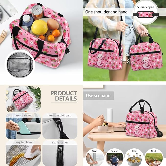 Cute School Backpack for Girls, Kids Strawberry Axolotl Backpack School Bookbags with Insulated Lunch Box Pencil Case 3 in 1, Lightweight School Bag - Image 3