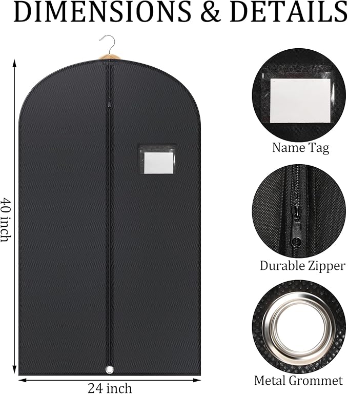 24 Pack Black Garment Bag Bulk for Closet Storage 40 Inch Hanging Suit Bags Cover Clothes Cover for Hanging with Zipper and Clear Window for Travel Men Coat Jacket Dance Dress - Image 2