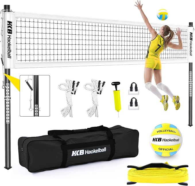 Haokelball Outdoor Volleyball Net Set for Backyard, 32FT Regulation, 3-Level Adjustable Height & Anti-Sag Tension System, Heavy Duty Thick Poles, Includes Volleyball, Pump, Boundary Line and Carry Bag by Haokelball